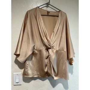 ASOS Womens Twist Front Kimono Sleeve Satin Blouse Champagne Gold V-Neck Top 14
